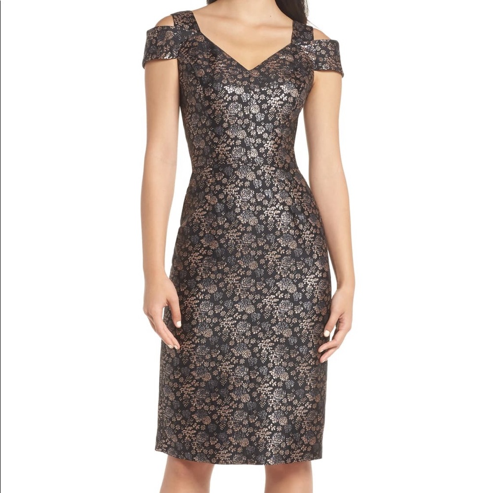 Twilight Rose Metallic Brocade Cold Shoulder Dress